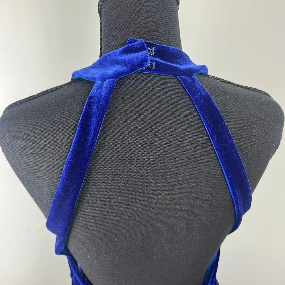 VTG Morgan & Co Royal Blue Velvet Mesh Maxi Dress S Prom Old Hollywood Open Back - Picture 6 of 11